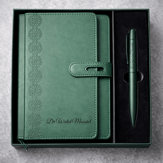 Coffret Carnet & Stylo Élégance Verte – Cadeau Professeur Personnalisé Maroc